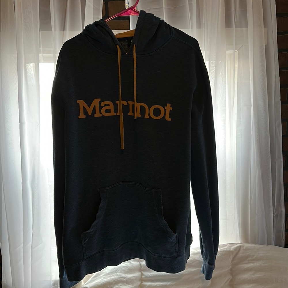Marmot pullover Hoodie mens XX Large outdoor soft Sweatshirt Blue Goldenrod Logo